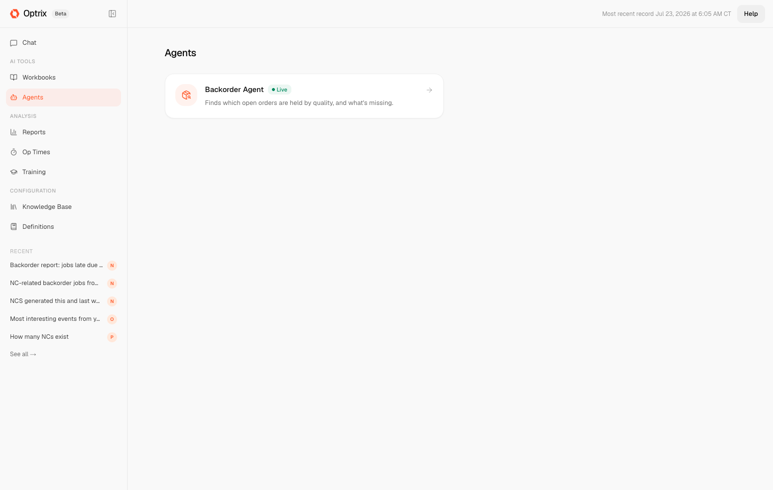 The Optrix Agents hub with the Backorder Agent live, alongside Chat, Workbooks, and Reports