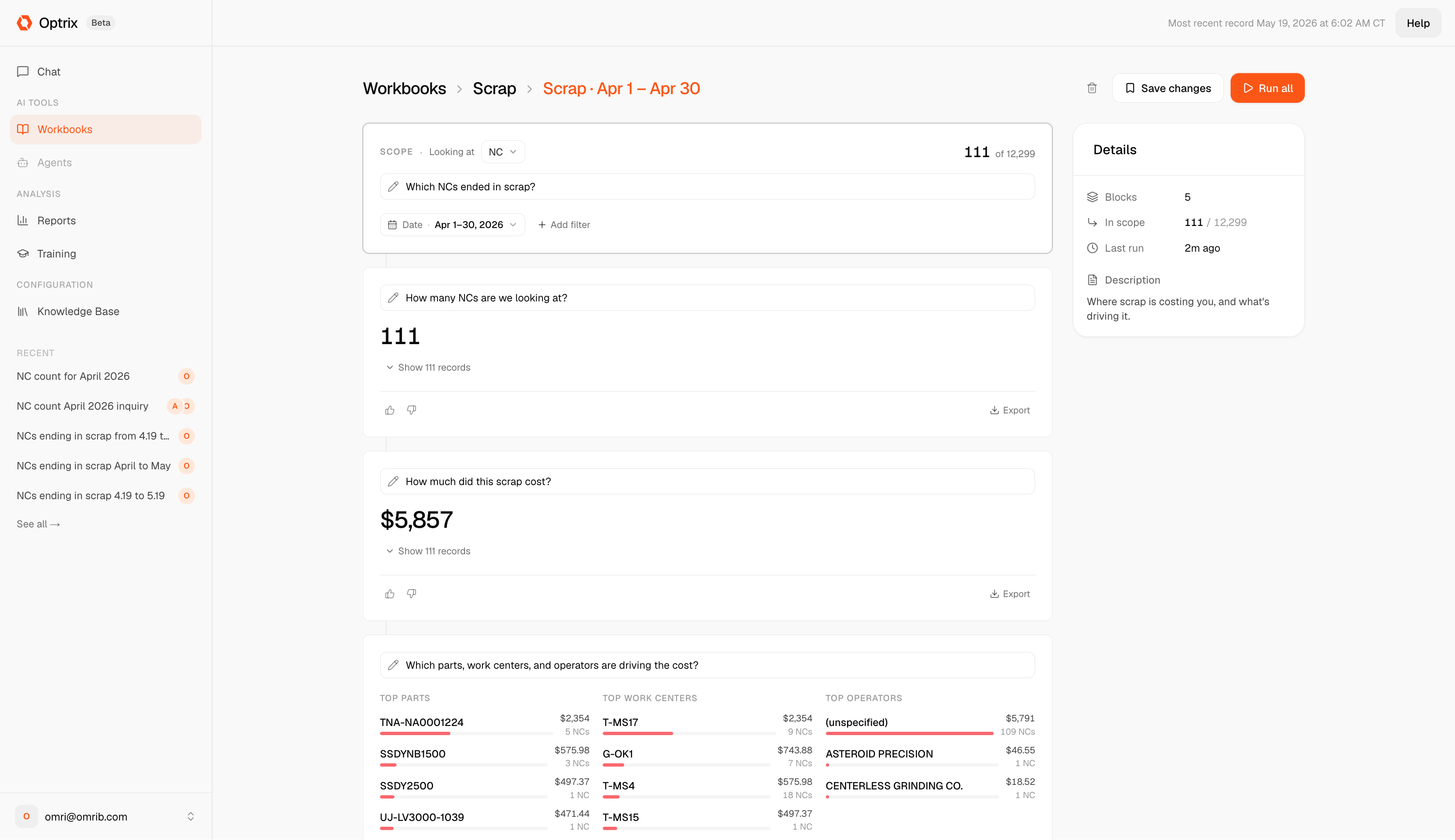 Optrix Workbook: scrap analysis